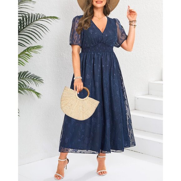 Women Plus Size Summer Dress Floral Maxi V-Neck Puff Sleeves Casual Formal - Picture 2 of 5